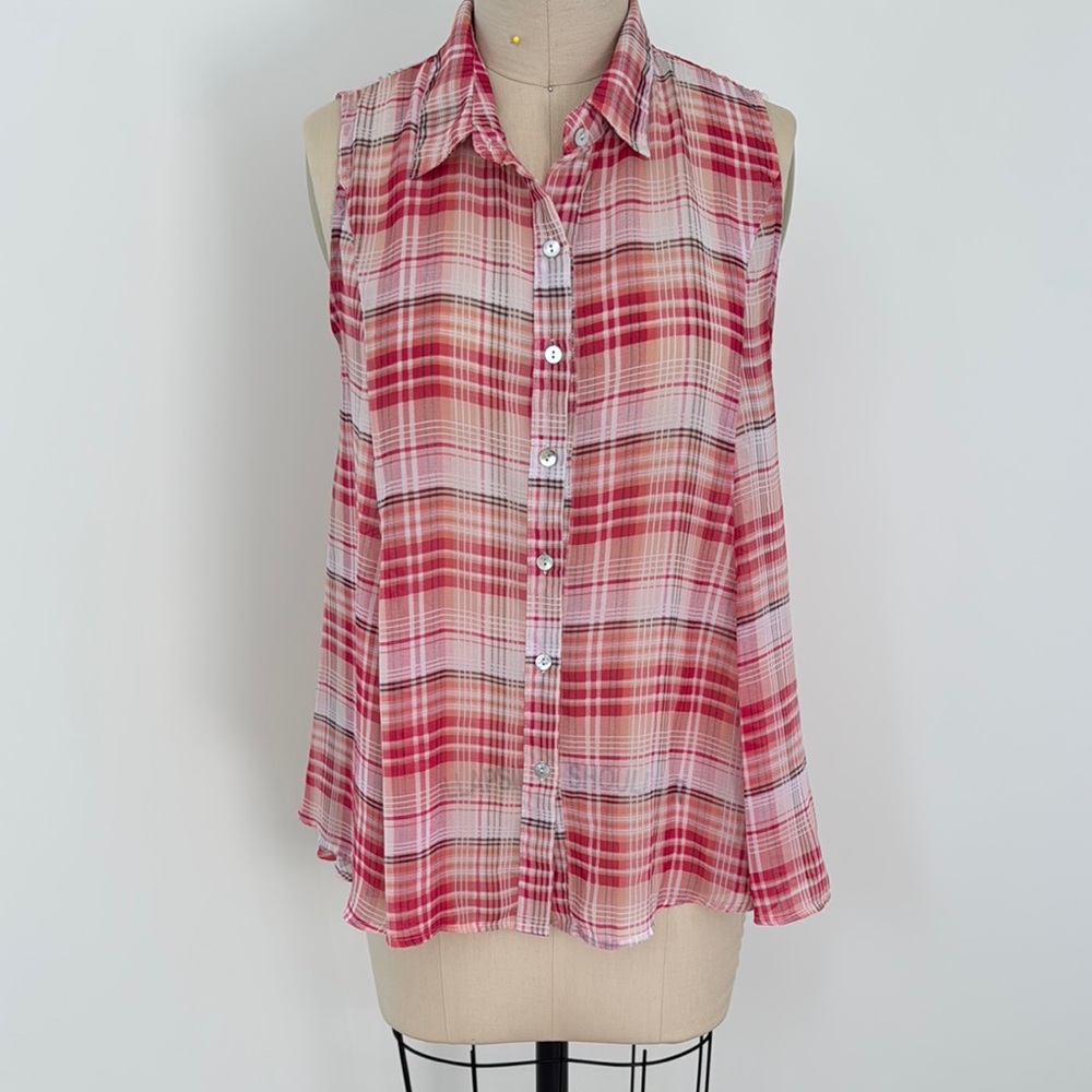 Pink and White Plaid Sleeveless Button Down Shirt with Notched Collar